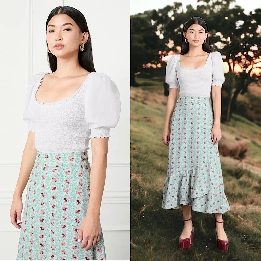 HILL HOUSE Puff Short Sleeve Ruffle Scoop Neck‎ Smocked Cropped Nap Top S